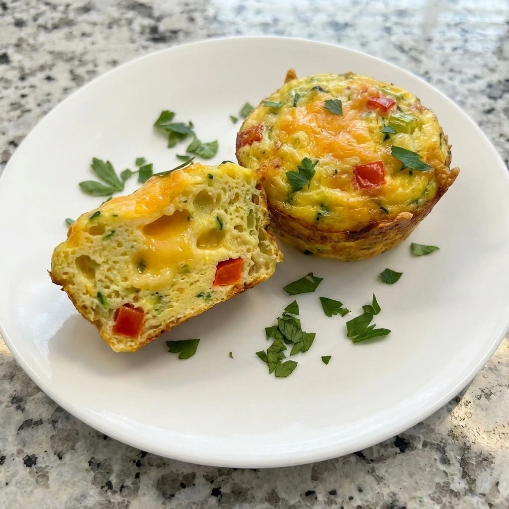 Two Zucchini Egg Bites served with one cut open.