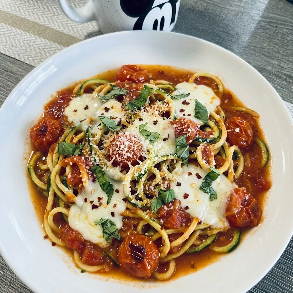 Zucchini Noodle Pasta Bowl with tomato sauce and melted cheese