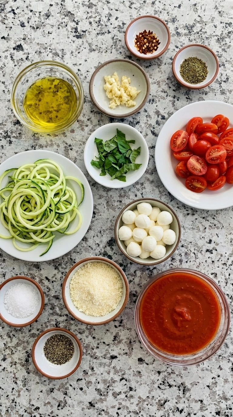 Ingredients for Zucchini Noodle Pasta Bowl in separate containers