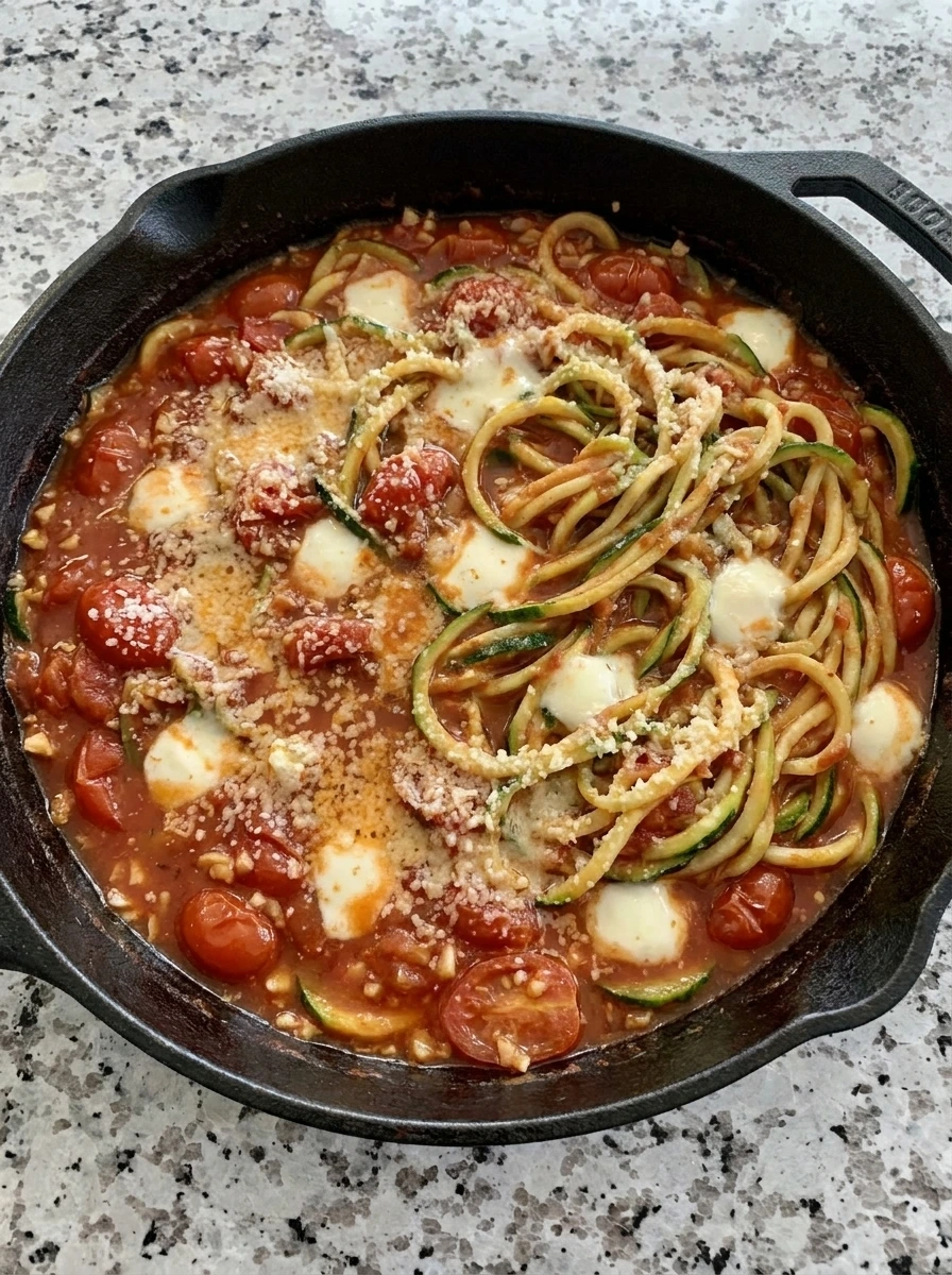 Cheese melting into zucchini noodles with tomato sauce