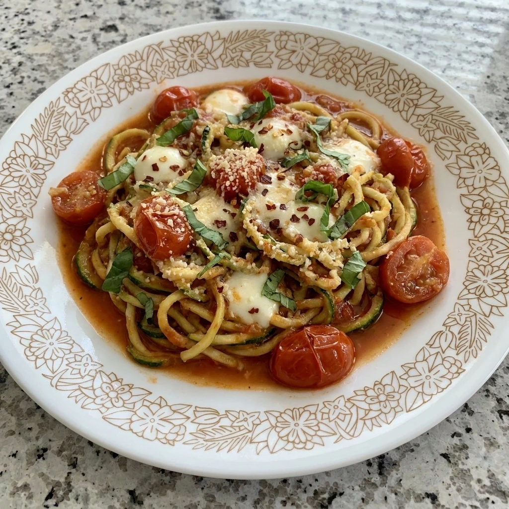 Single serving of Zucchini Noodle Pasta Bowl on a plate