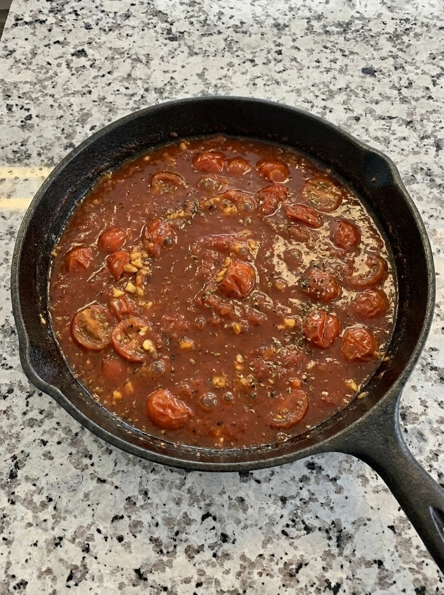 Chunky tomato sauce simmering for zucchini noodles