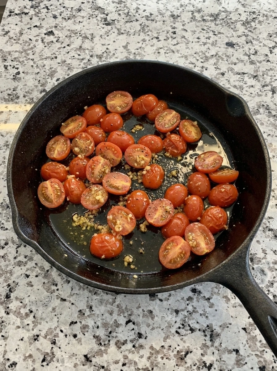 Cherry tomatoes softened with garlic in a skillet