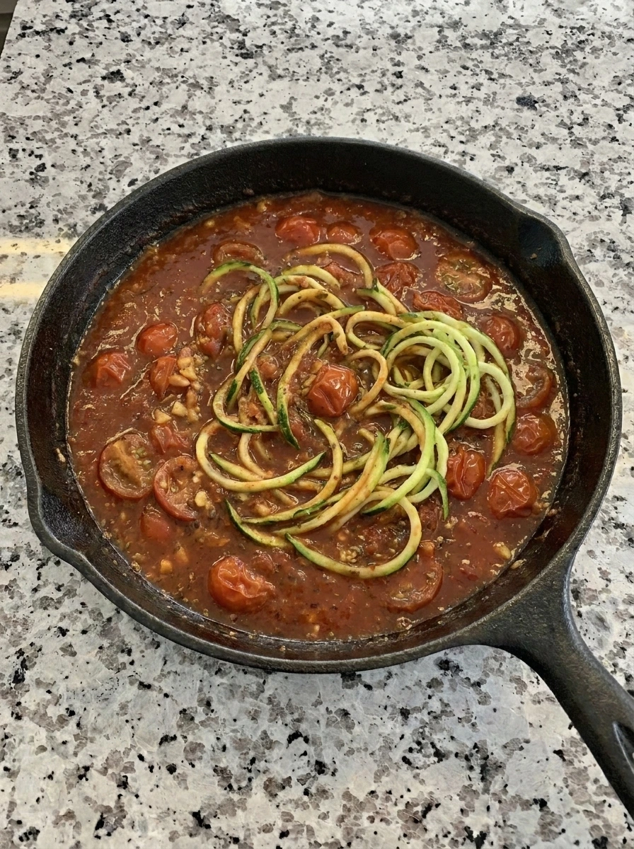 Zucchini noodles tossed with tomato sauce