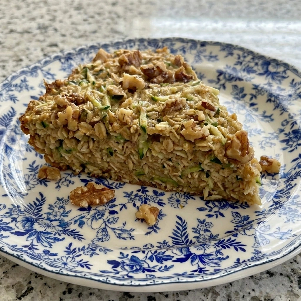 Warm slice of Zucchini Oatmeal Bake on a white plate