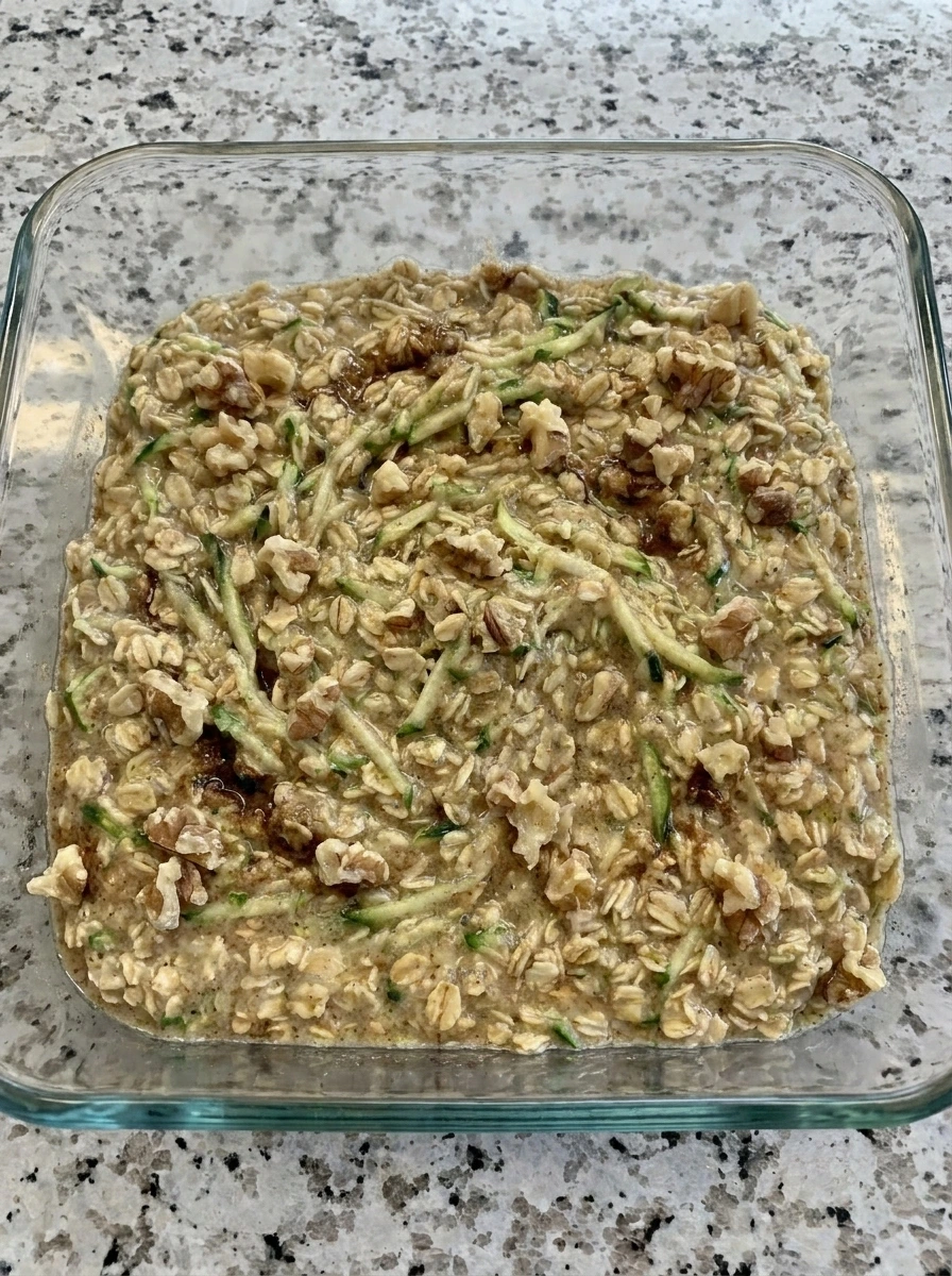 Unbaked Zucchini Oatmeal Bake spread in a baking dish