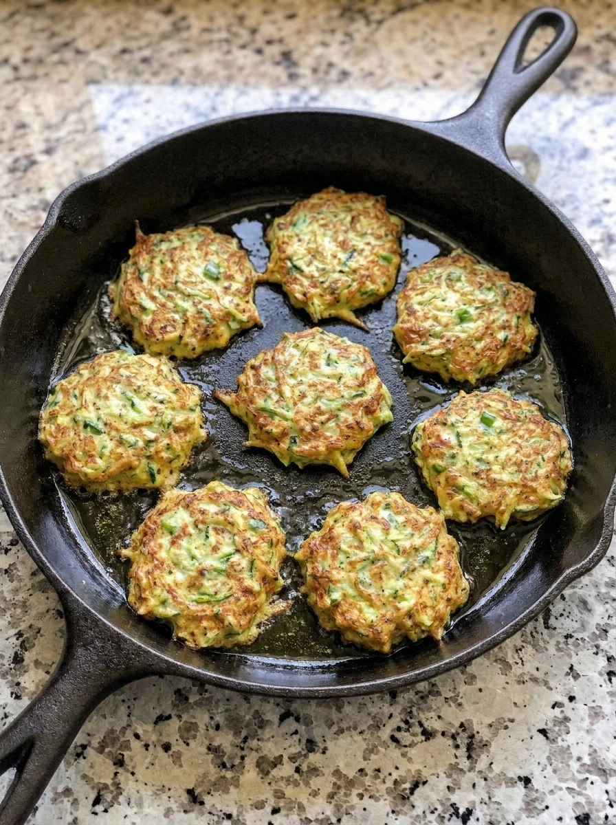 Golden flipped Zucchini Pancakes in skillet