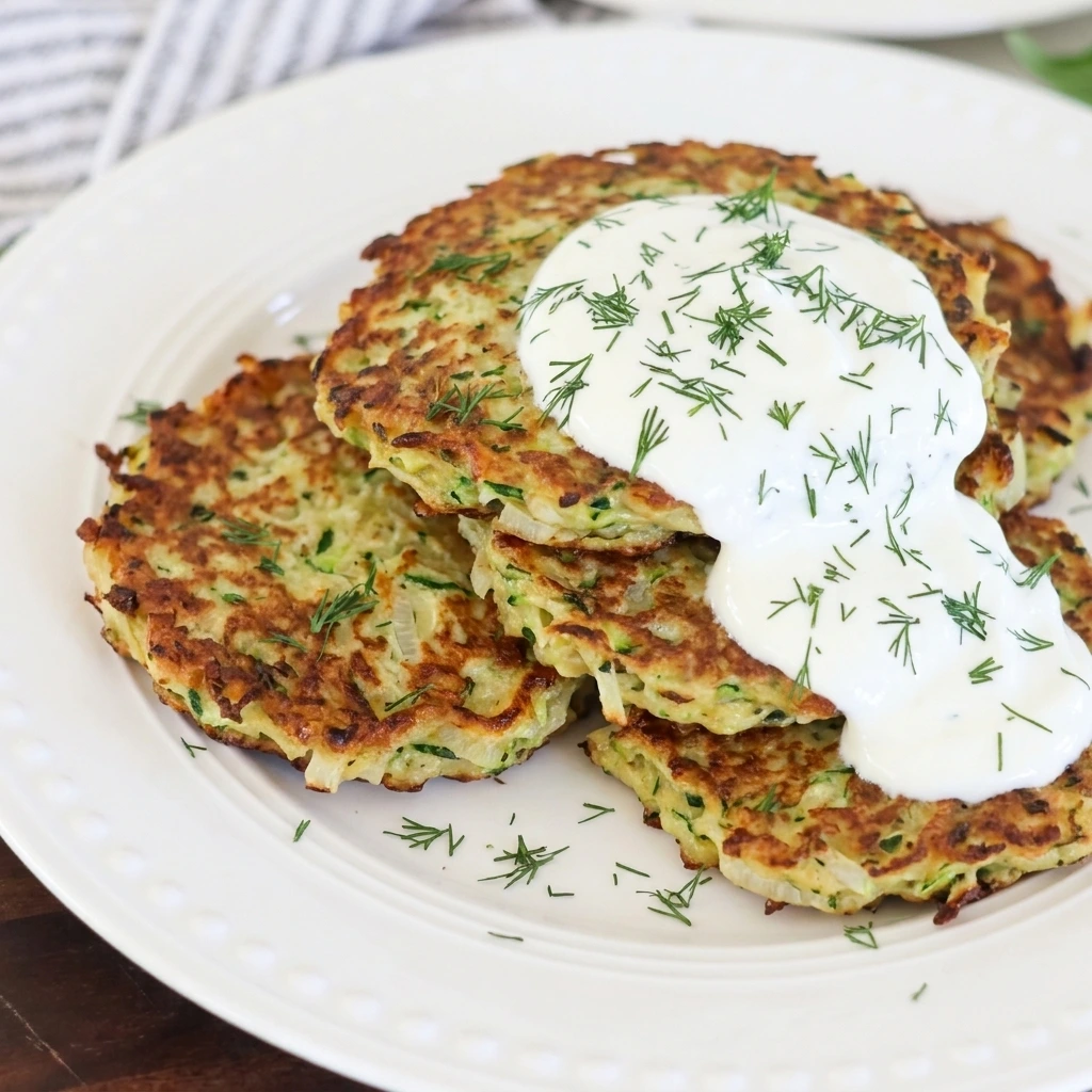 Homemade Zucchini Pancakes with golden edges and sour cream