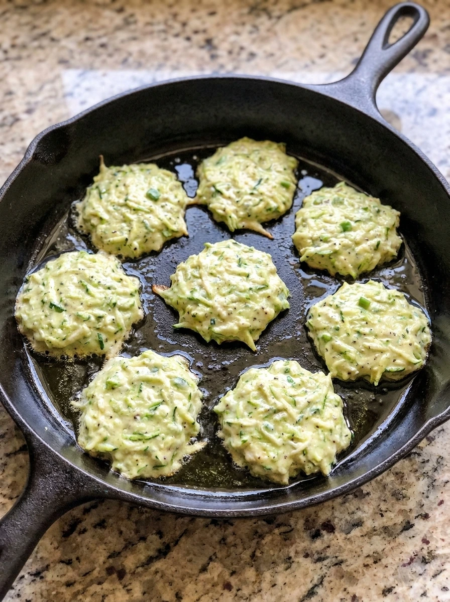 Zucchini Pancakes batter cooking in a skillet