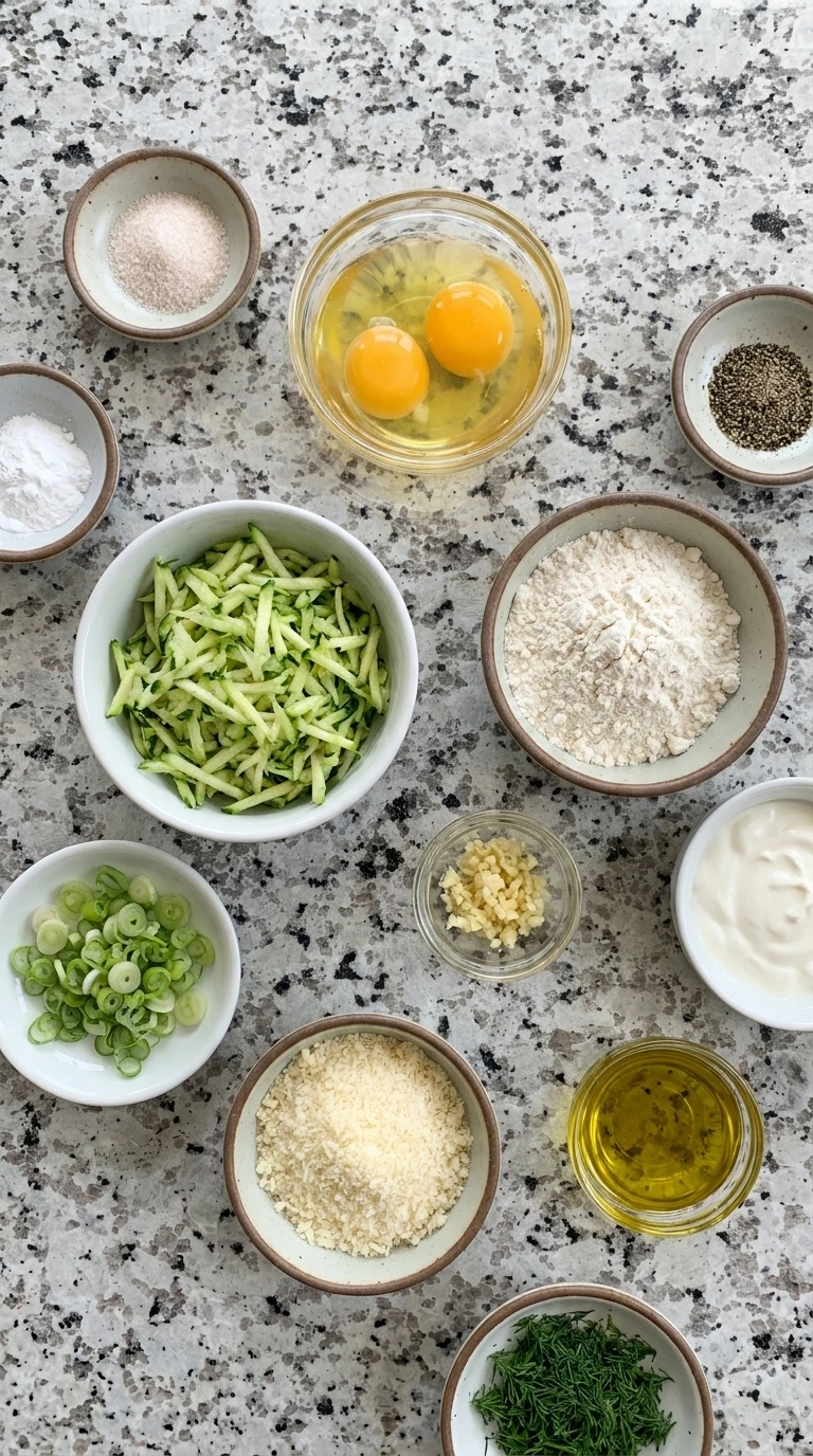 Ingredients for Zucchini Pancakes arranged in separate bowls