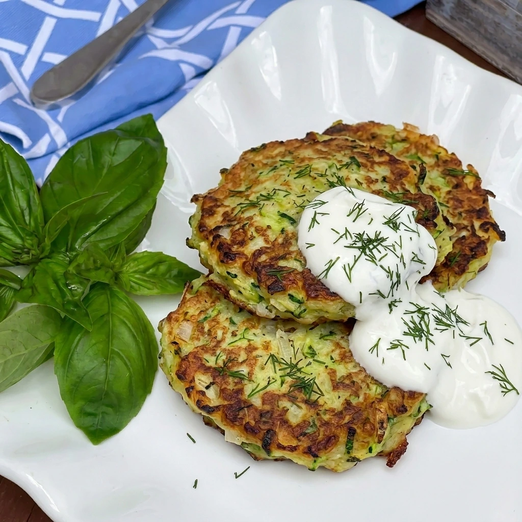 Served Zucchini Pancakes with sour cream and dill