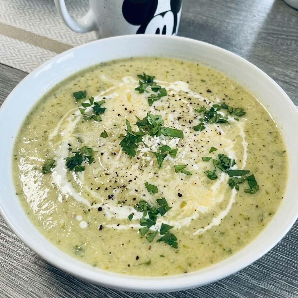 Creamy Zucchini Soup with Parmesan in a white bowl with melted cheese and parsley