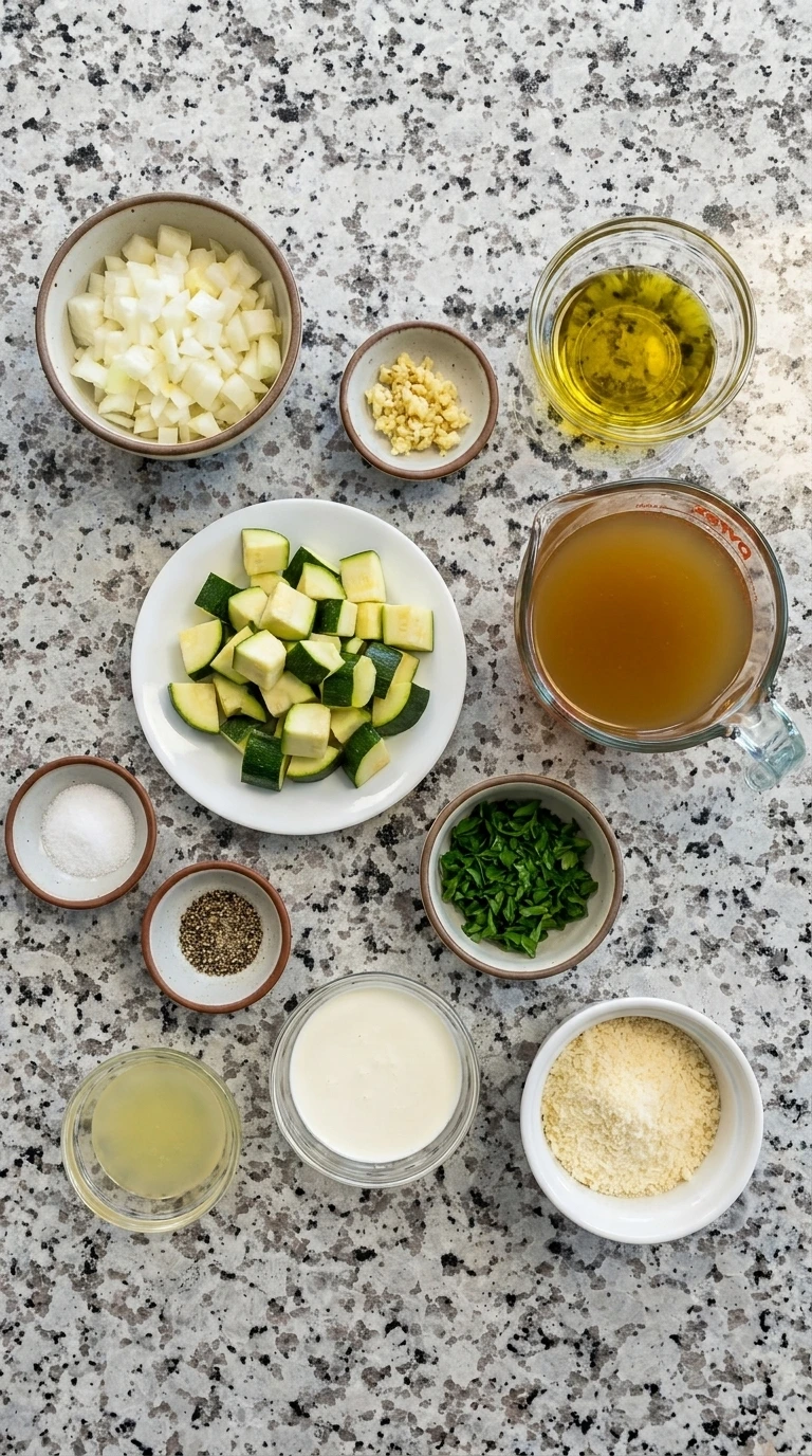 Ingredients for Zucchini Soup with Parmesan in separate bowls