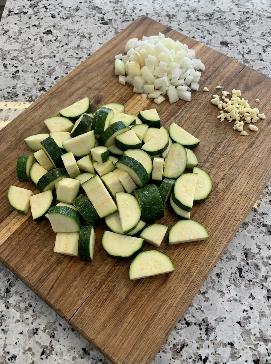 Chopped zucchini onion and garlic for Zucchini Soup with Parmesan