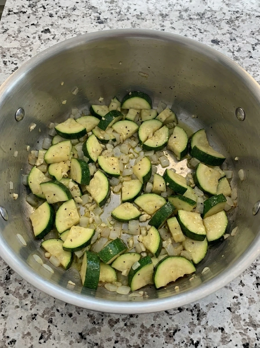 Zucchini onion and garlic softening in a pot