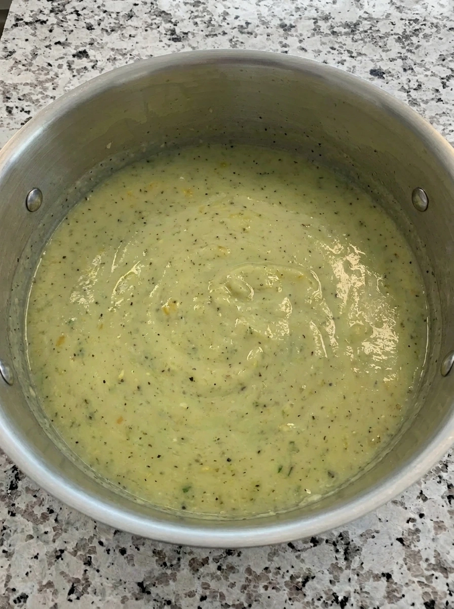Blended creamy zucchini soup in a pot