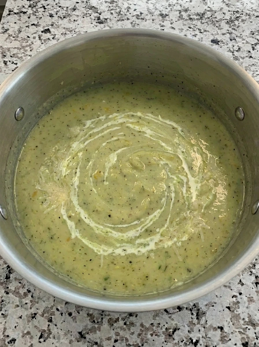 Parmesan and cream melting into zucchini soup