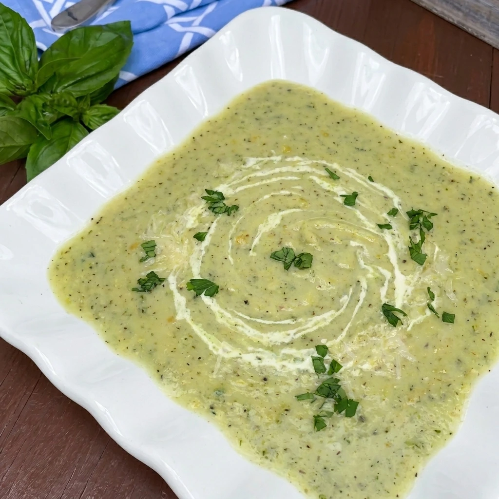 Served bowl of Zucchini Soup with Parmesan and parsley
