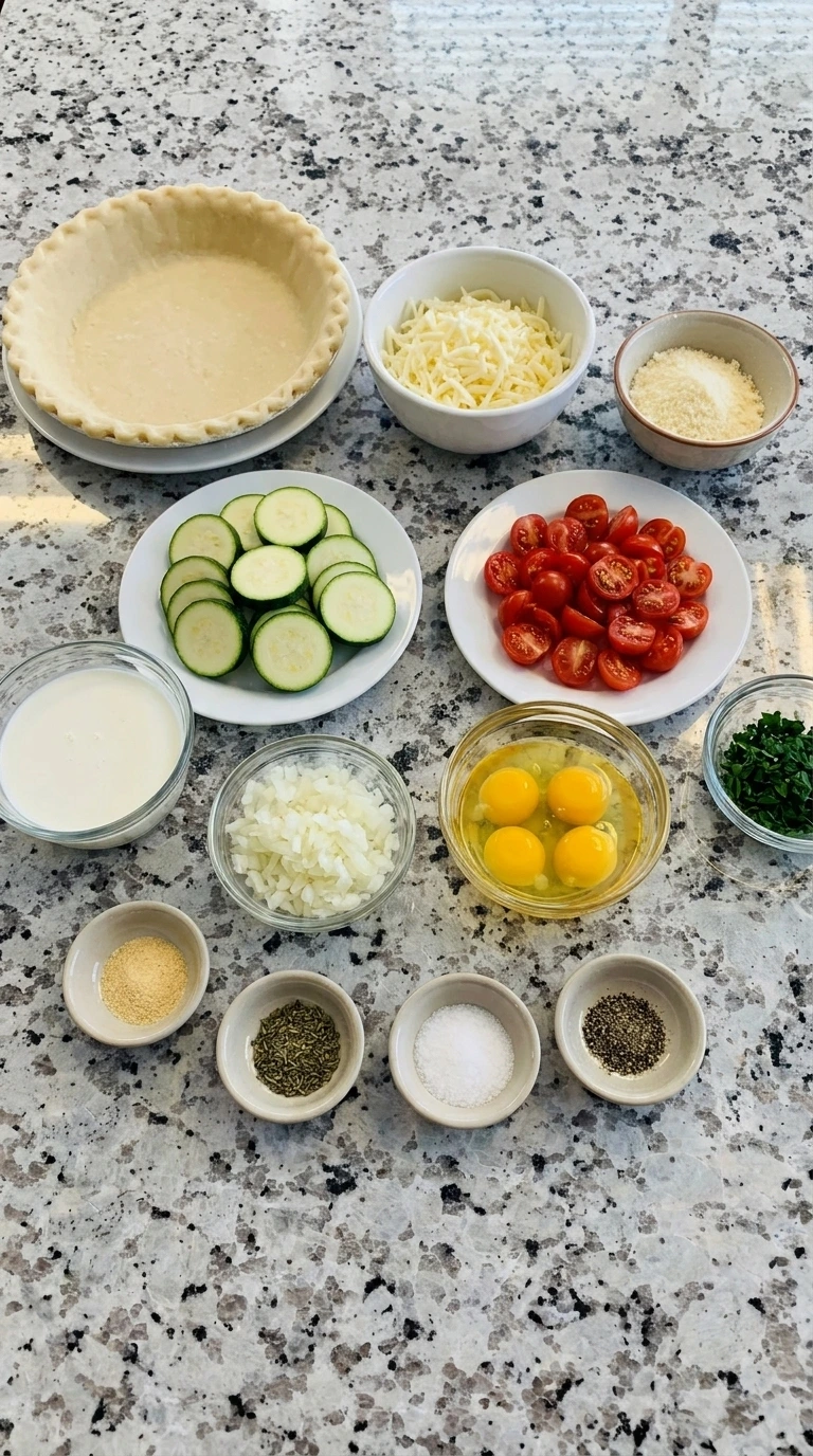Ingredients for Zucchini Tomato Quiche in separate containers