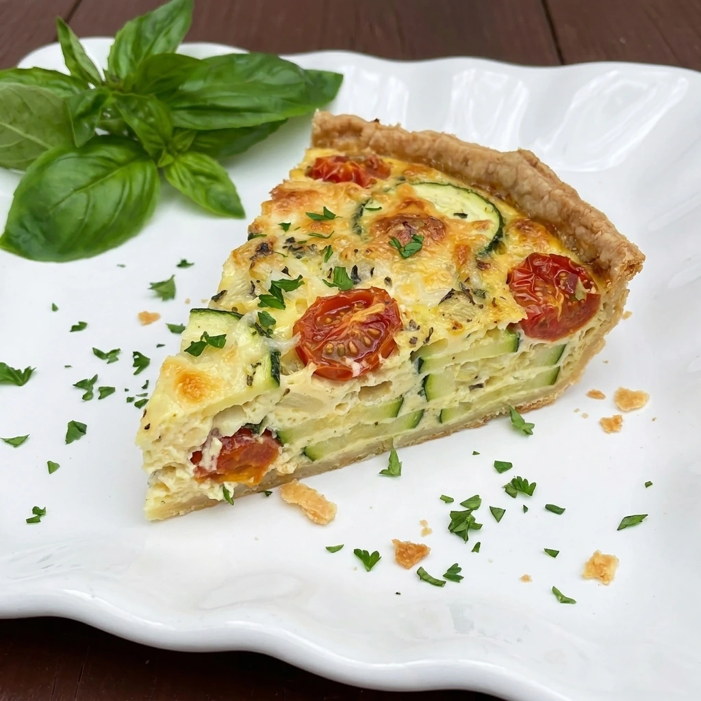 Slice of Zucchini Tomato Quiche on a plate
