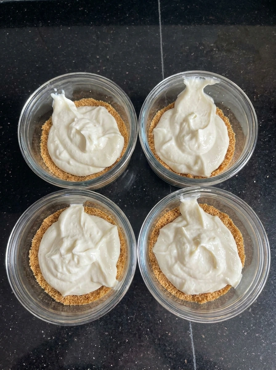 Cheesecake filling layered over crumb bases for Apple Crisp Cheesecake Cups