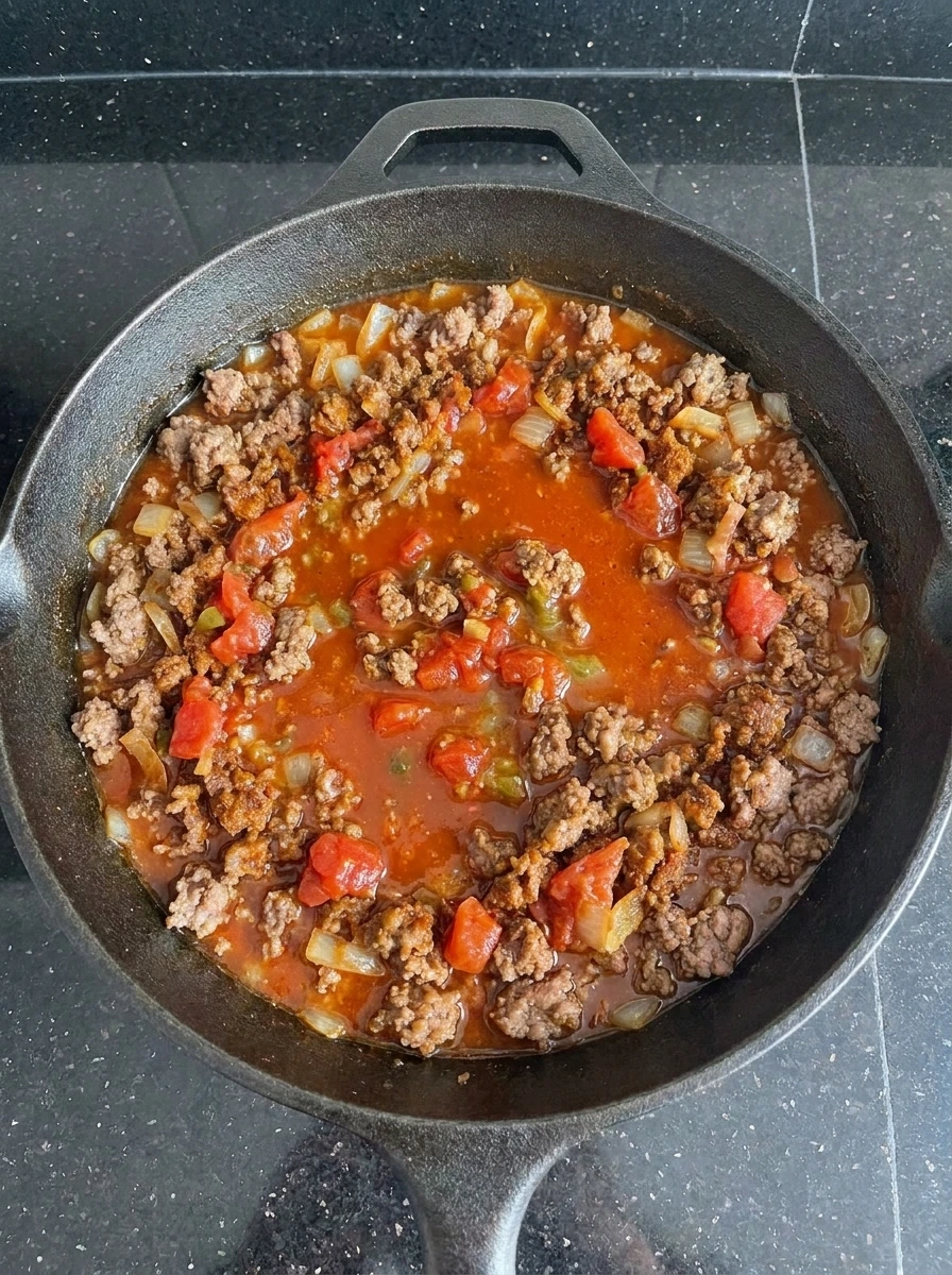 Enchilada sauce poured into beef for Beef Enchilada Tortellini.