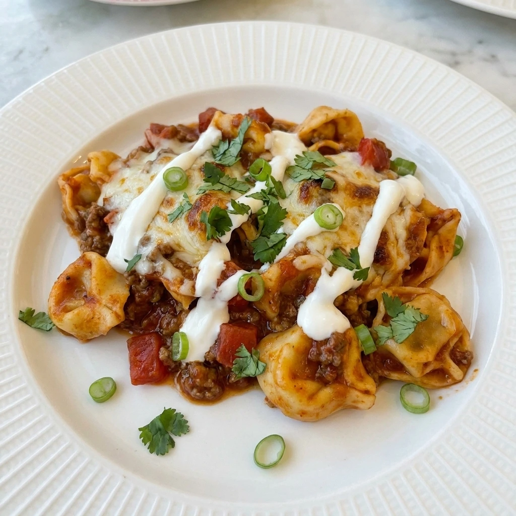 Single serving of Beef Enchilada Tortellini with sour cream and herbs.