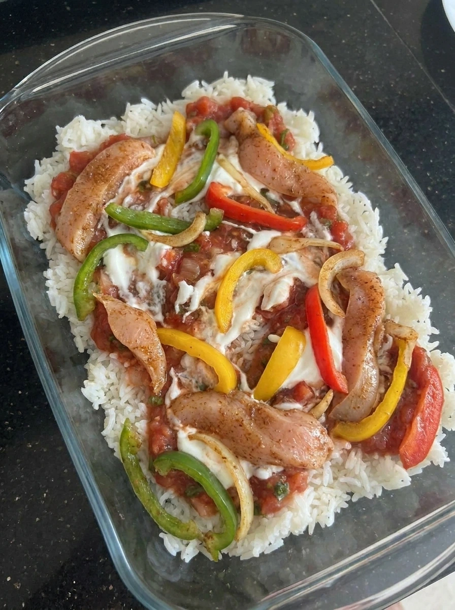 Seasoned chicken and peppers added to casserole