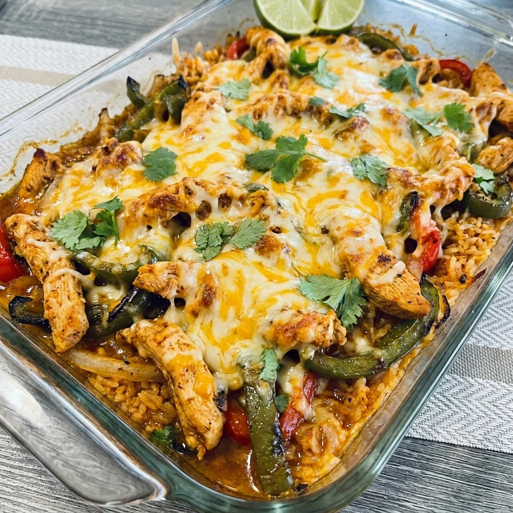 Chicken Fajita Casserole with melted cheese and peppers