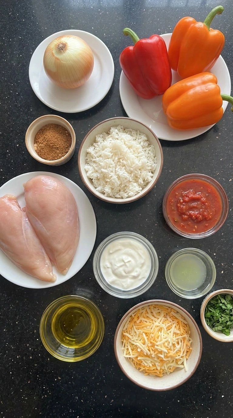 Chicken Fajita Casserole ingredients in separate bowls