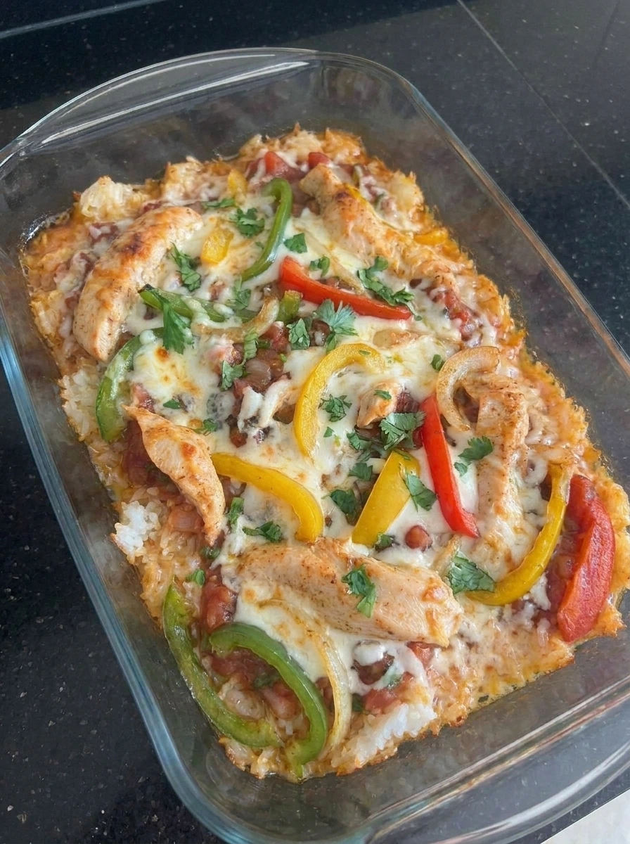 Chicken Fajita Casserole with melted cheese