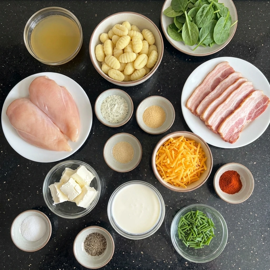 Ingredients for Creamy Crack Chicken Gnocchi in separate containers