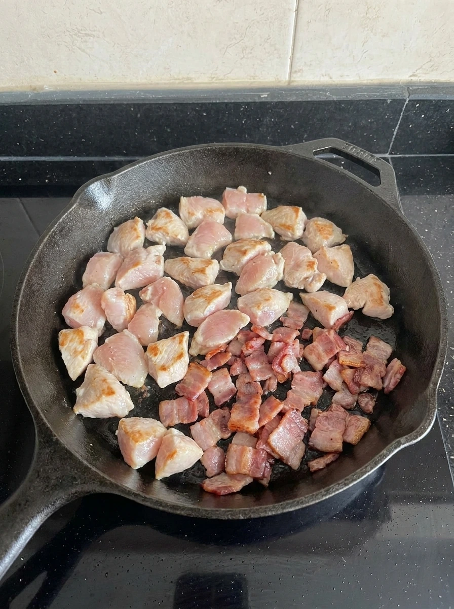 Chicken and bacon browning for Creamy Crack Chicken Gnocchi
