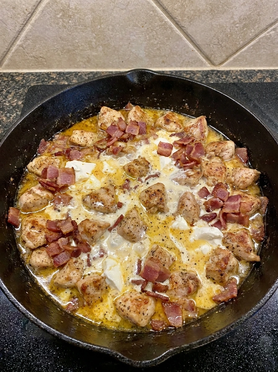Creamy ranch sauce melting into chicken and bacon
