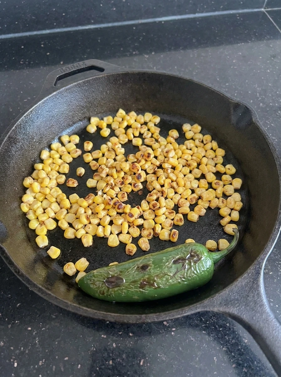 Charred corn and jalapeno for Peach Salsa