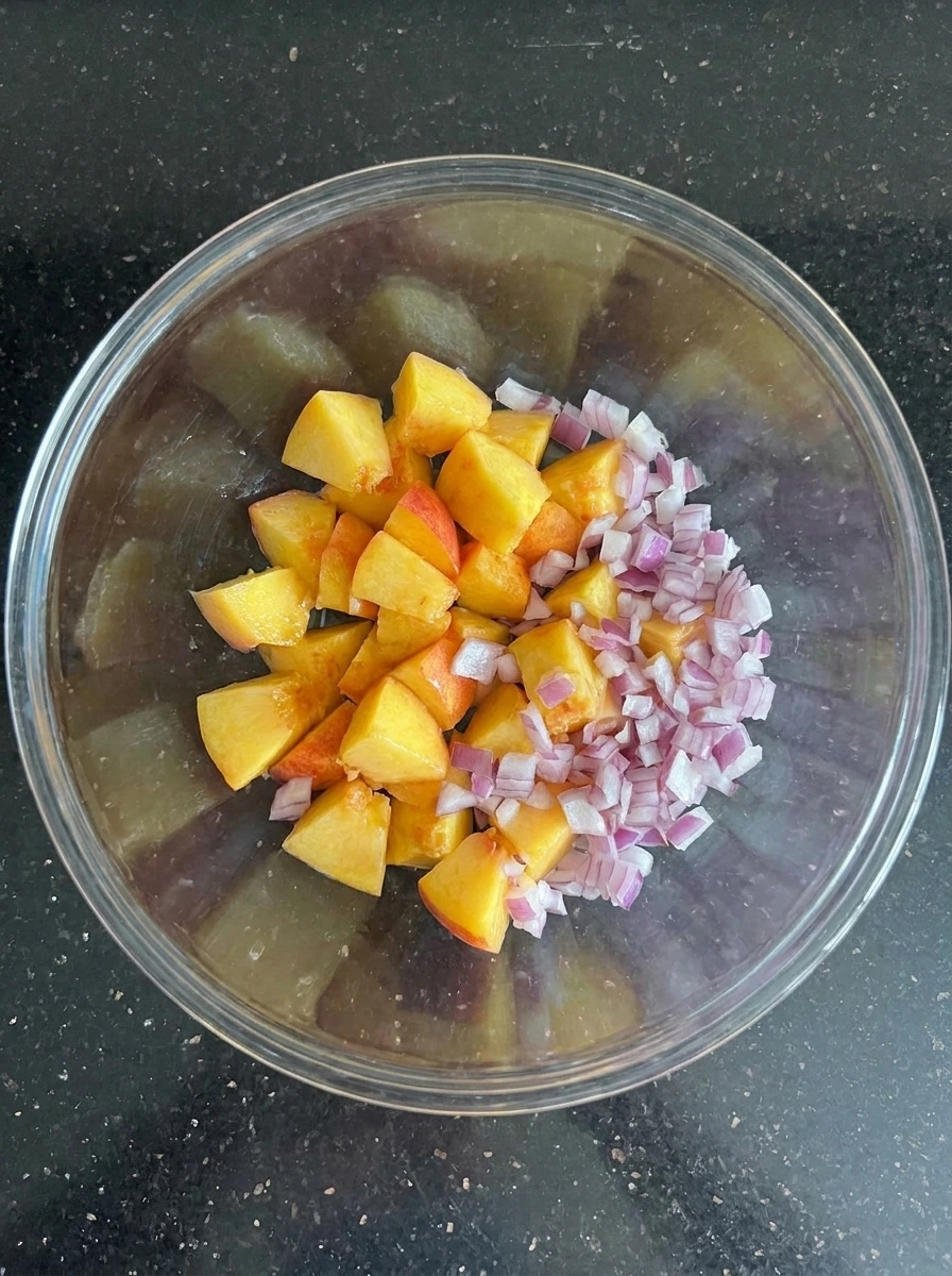 Diced peaches and red onion for Peach Salsa