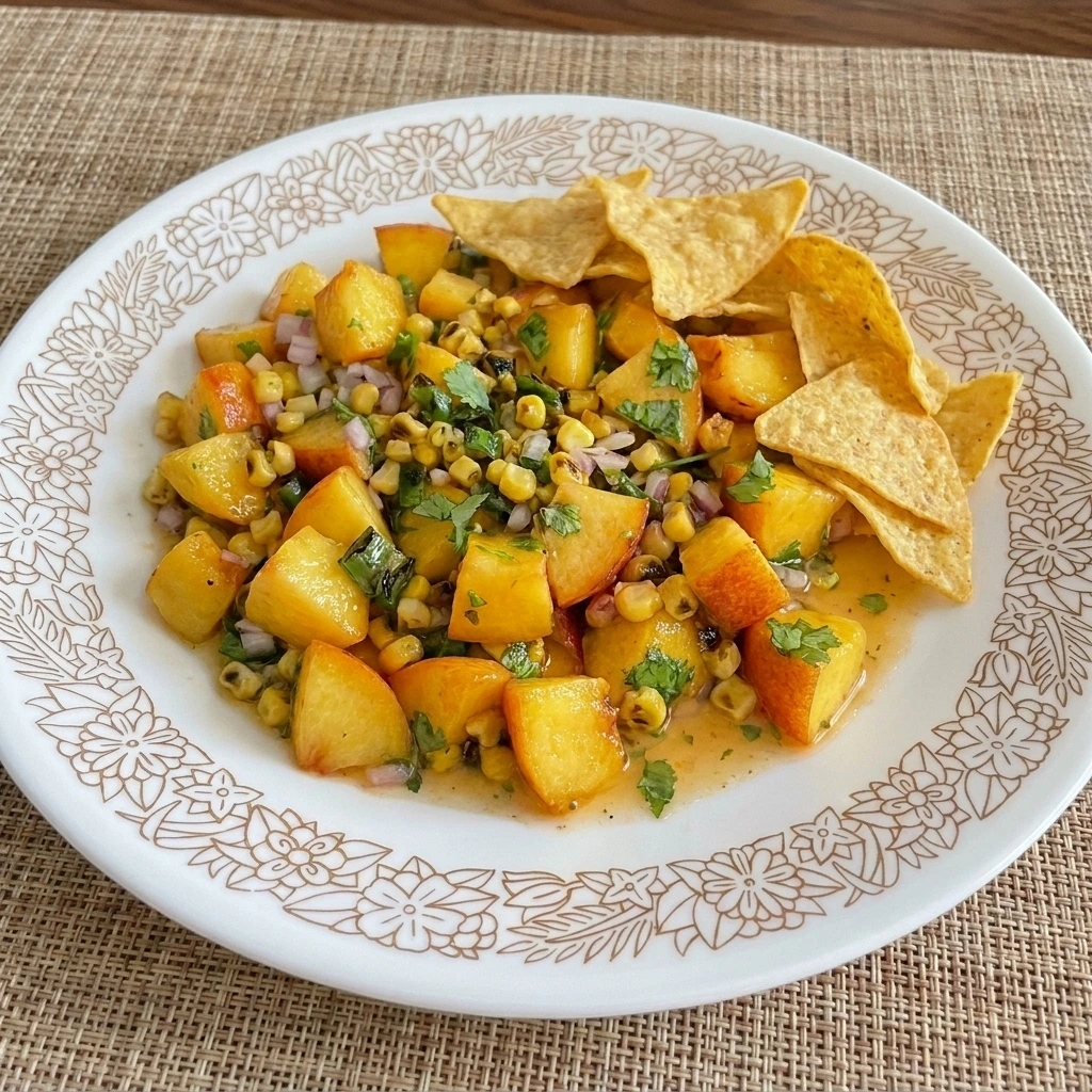Fresh Peach Salsa with charred corn and cilantro served with tortilla chips