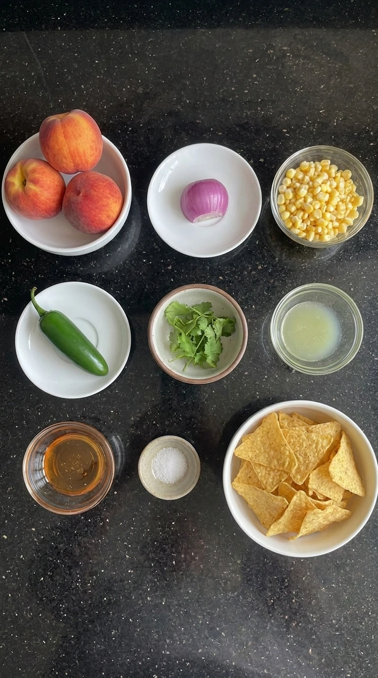 Ingredients for Peach Salsa in separate small bowls