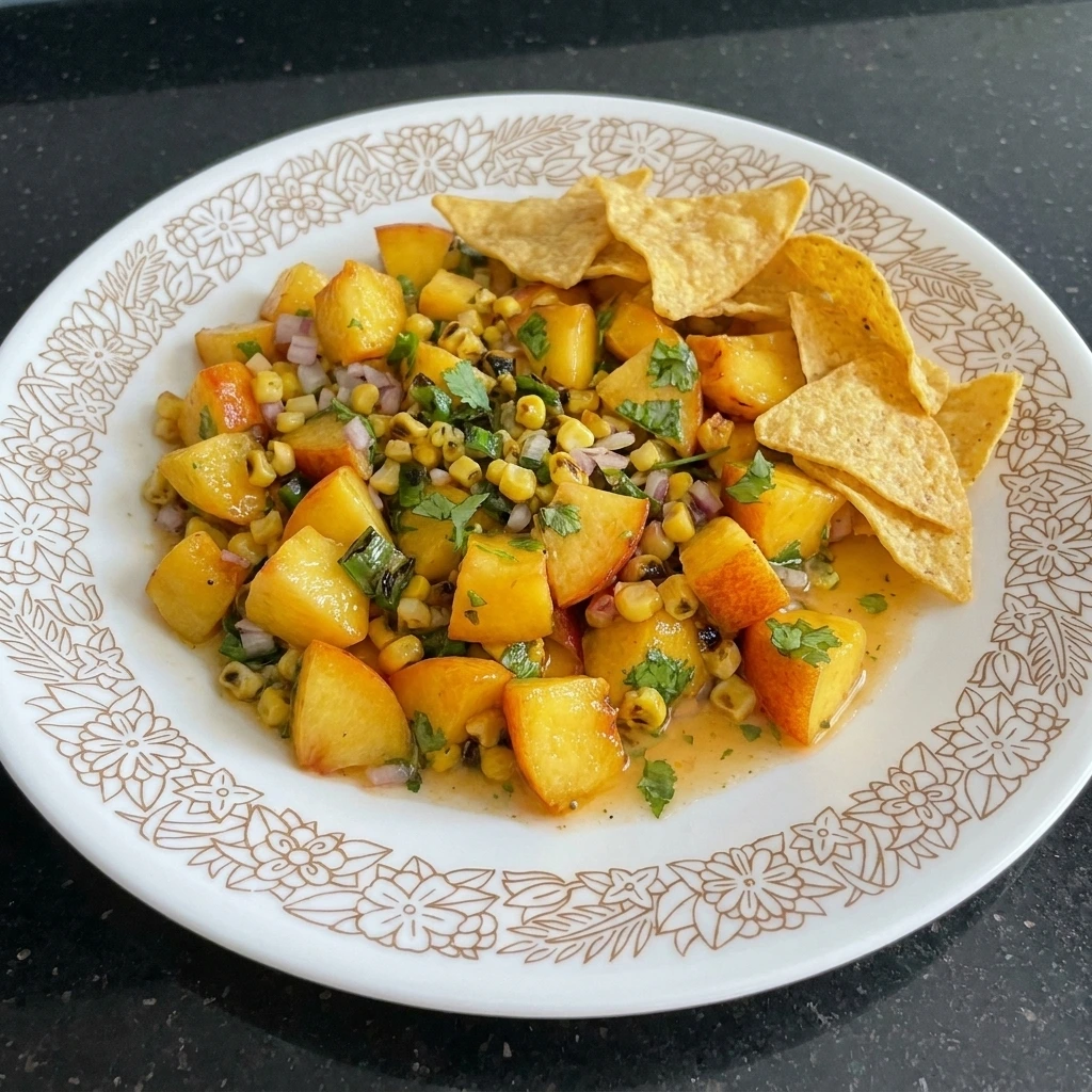Peach Salsa served with tortilla chips
