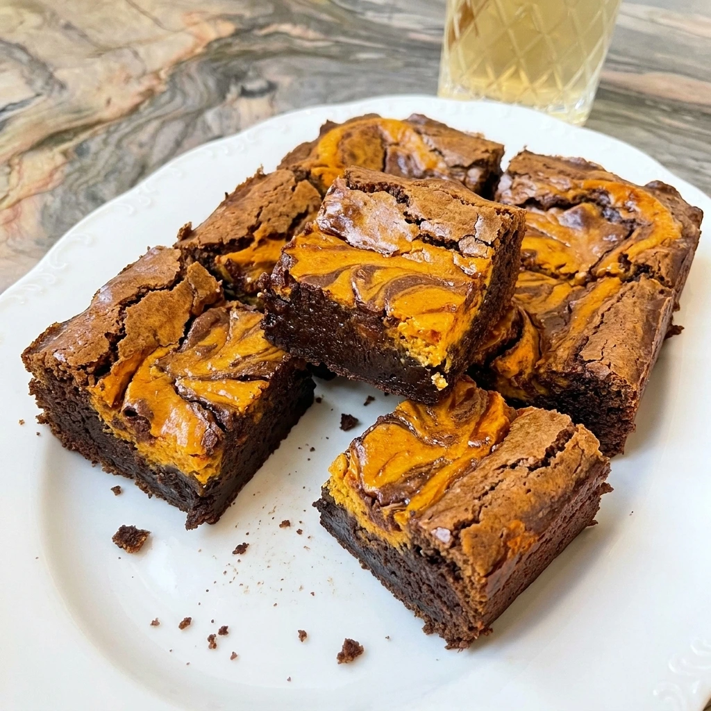 Pumpkin Cheesecake Brownies with fudgy chocolate layers and pumpkin cheesecake swirls