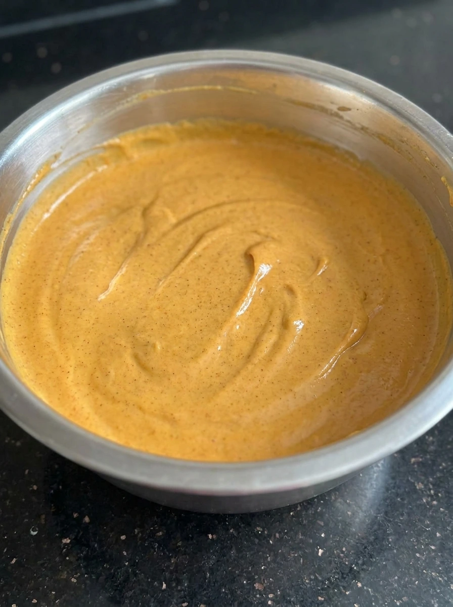 Pumpkin cheesecake filling mixed for Pumpkin Cheesecake Brownies