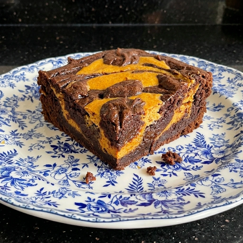 Single serving of Pumpkin Cheesecake Brownies showing fudgy center and pumpkin swirl
