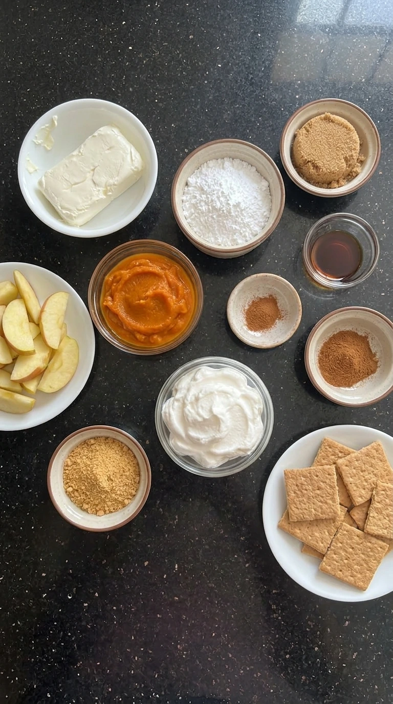 Ingredients for Pumpkin Cheesecake Dip in separate containers