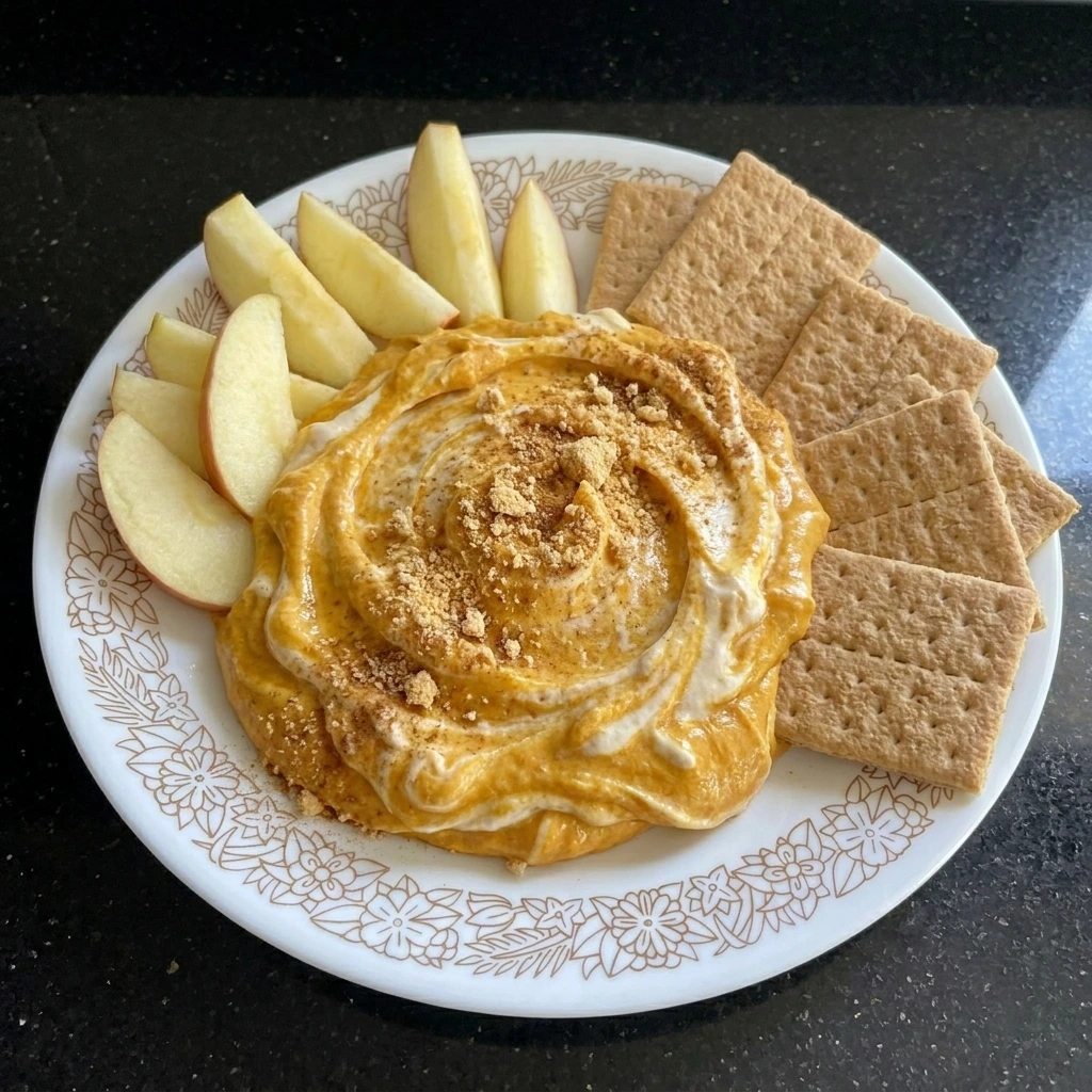 Finished Pumpkin Cheesecake Dip served with apples and graham crackers