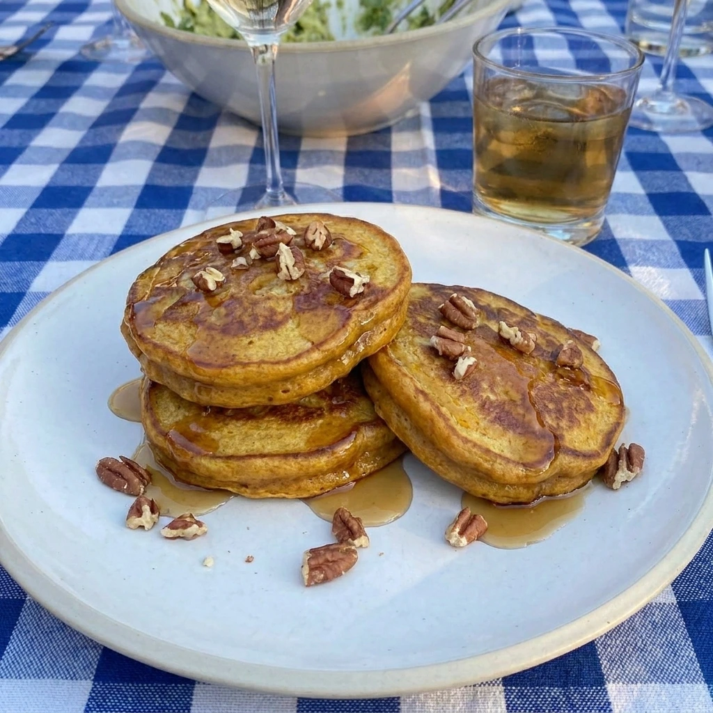 Finished Pumpkin Cream Cheese Pancakes with syrup