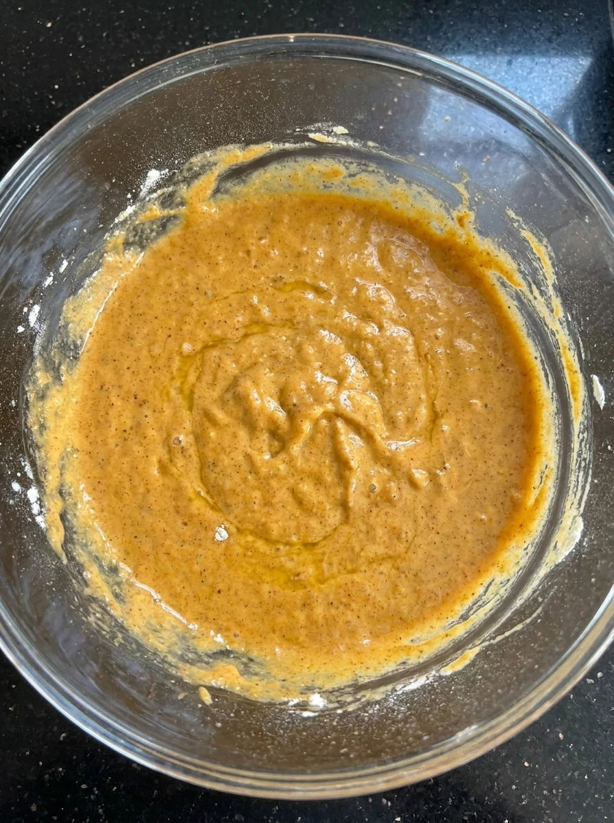 Thick pumpkin batter for Pumpkin Cream Cheese Pancakes