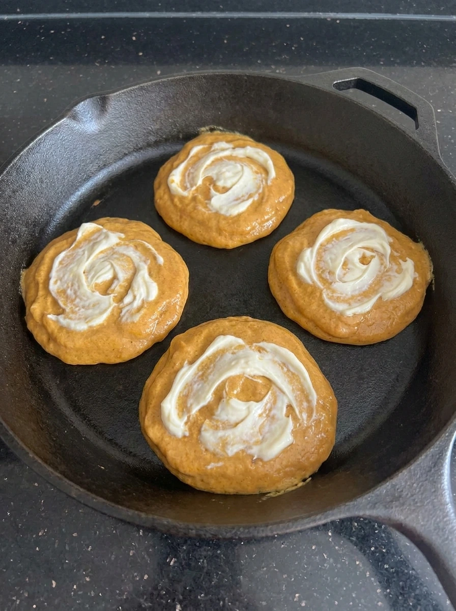 Pumpkin pancakes with cream cheese swirls in a skillet