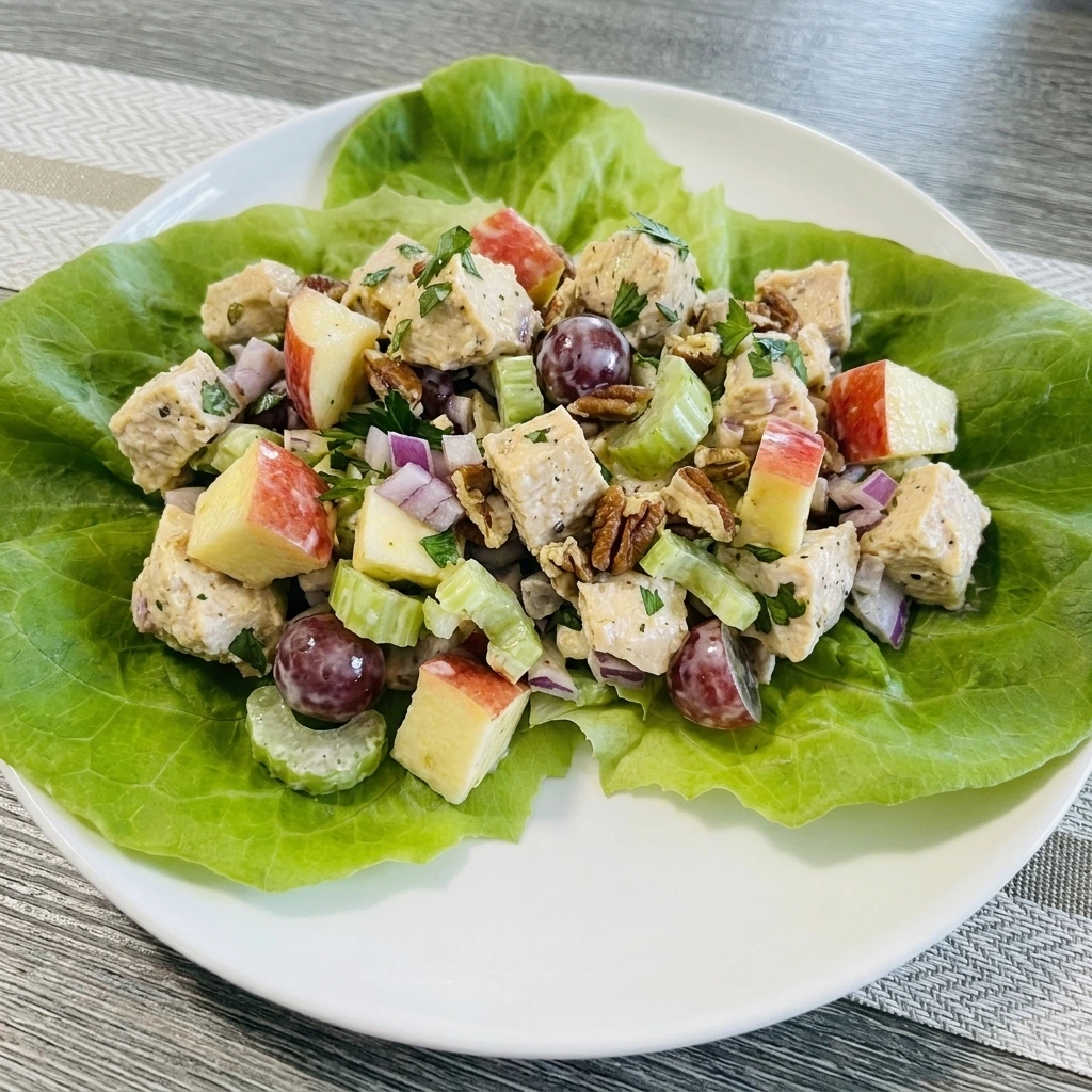 Apple Chicken Salad with chicken and apples and grapes served on butter lettuce