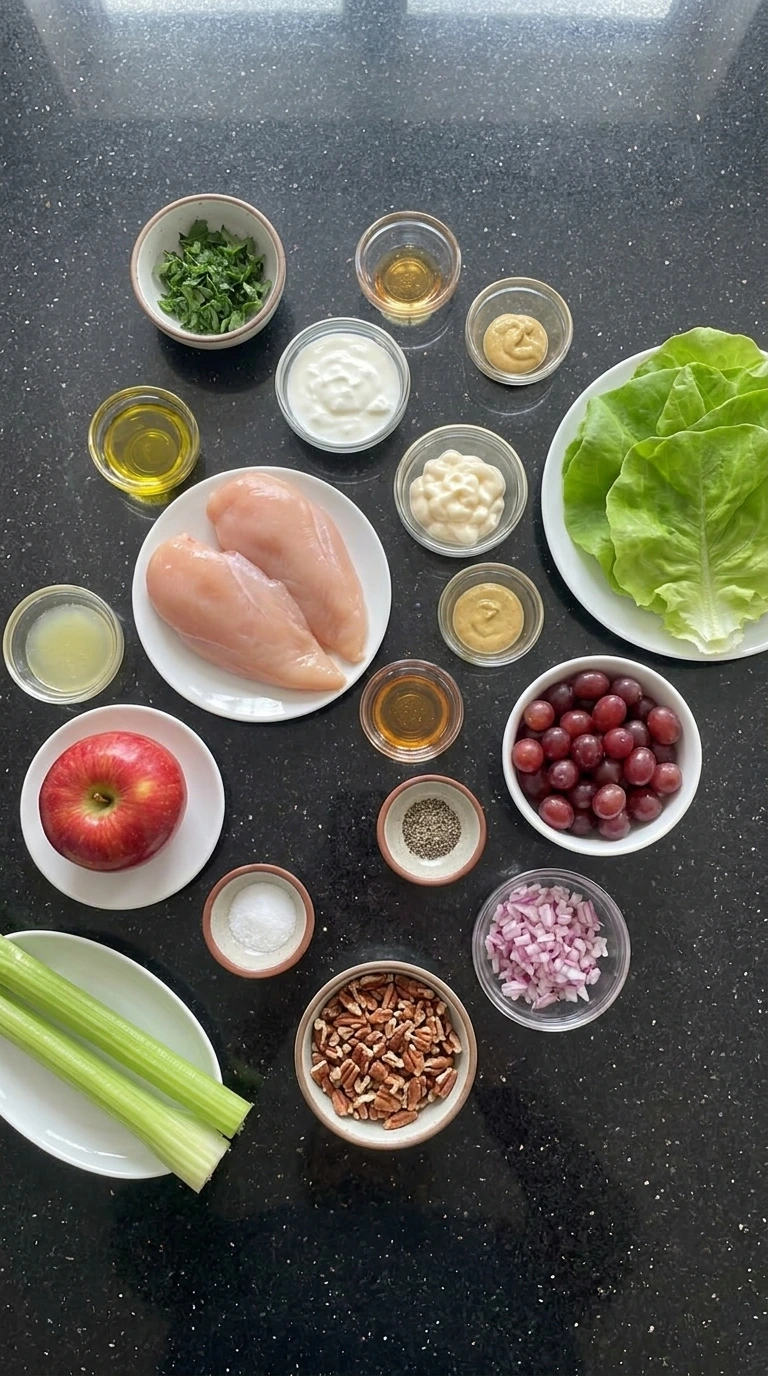 Ingredients for Apple Chicken Salad arranged in separate small containers