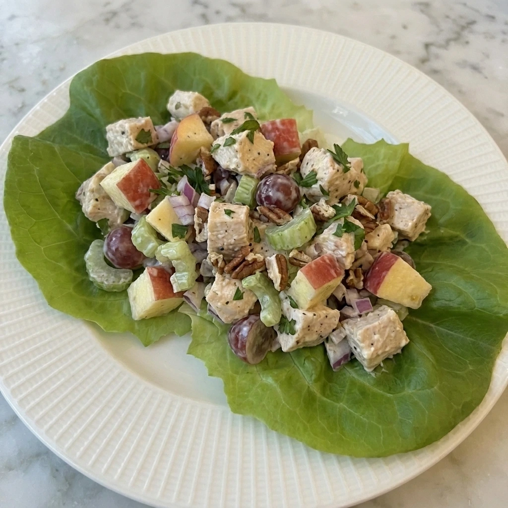 Single serving of Apple Chicken Salad in butter lettuce cups